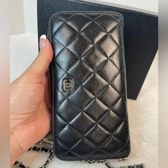 CHANEL CC QUILTED LAMBSKIN ZIP AROUND WALLET ON A CHAIN. Box & COA Included